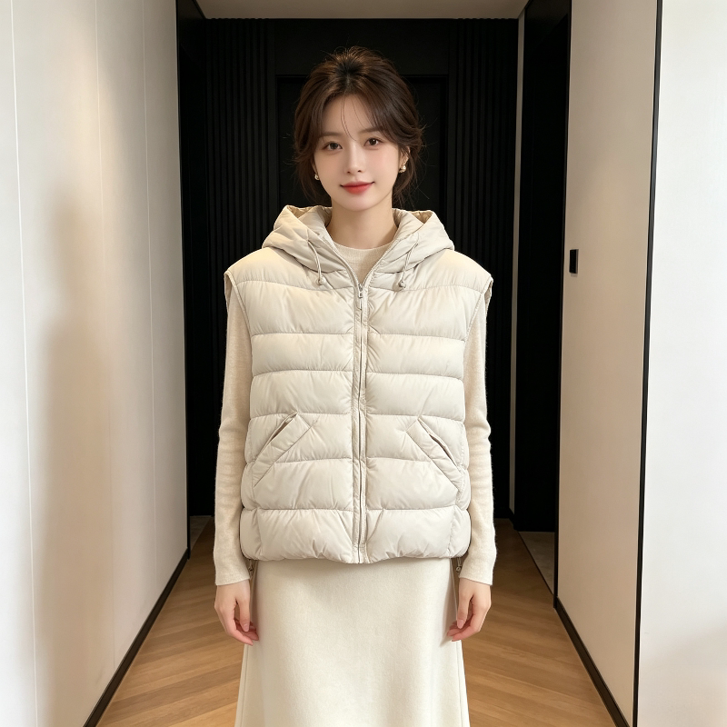 白色温柔风连帽宽松大码小个子休闲百搭无袖坎肩棉服马夹外套女潮
