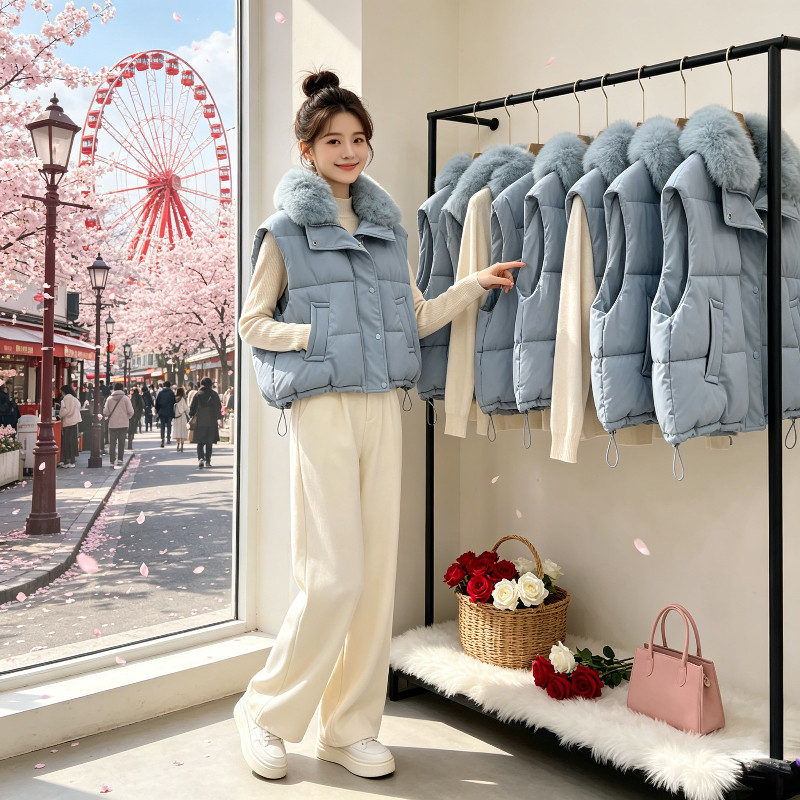 温柔风大毛领短款休闲小个子宽松大码无袖坎肩棉服马夹外套女洋气