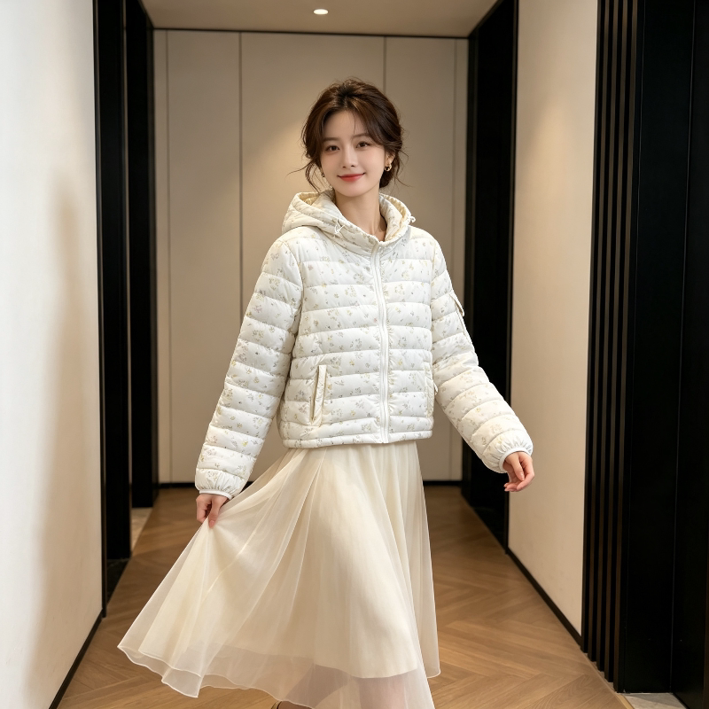 小碎花温柔风连帽秋冬设计感休闲宽松小个子轻薄款排骨服棉衣女潮