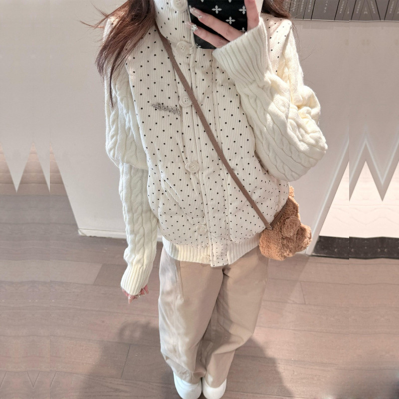 波点立领减龄设计感针织麻花袖子拼接小个子棉服外套女面包服棉袄