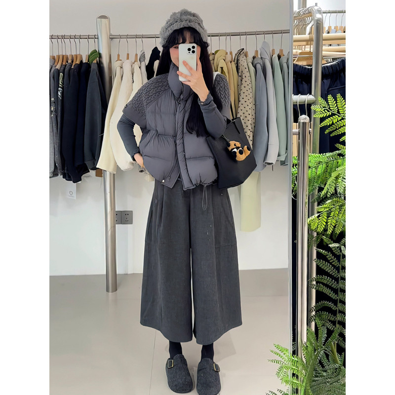 欧货立领设计感针织袖子拼接宽松大码小个子保暖短袖棉服马夹女潮