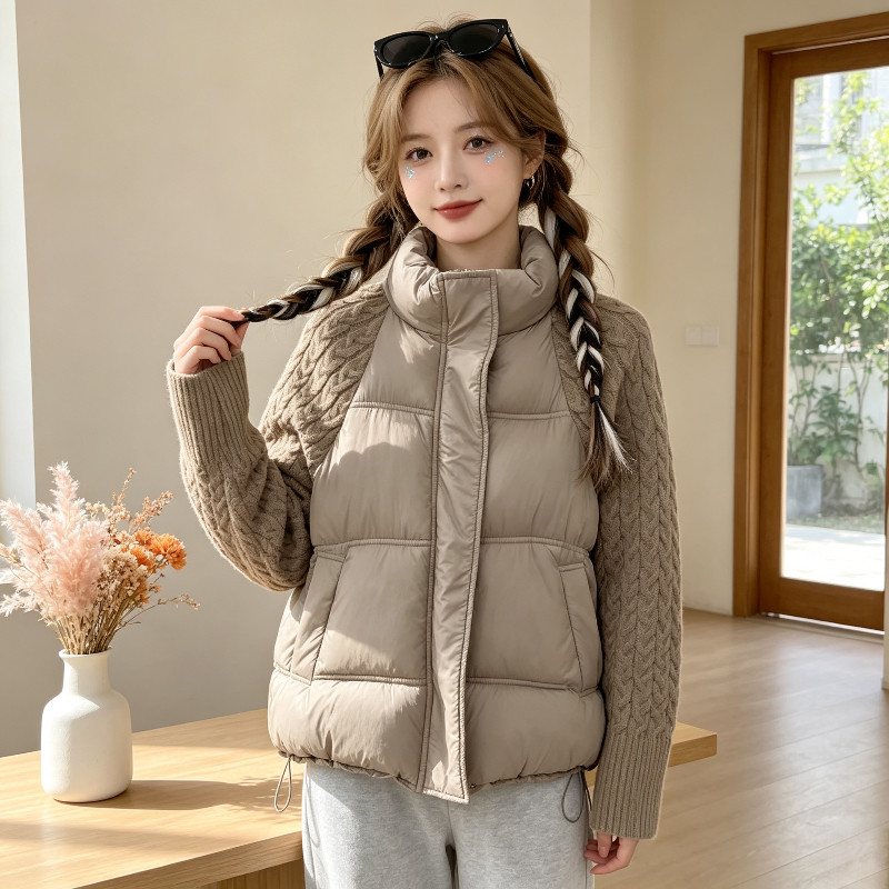 欧货冬季立领针织麻花袖子拼接休闲宽松保暖防寒棉服外套女设计感