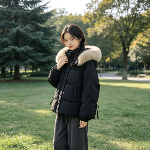 冬季大毛领加厚保暖防寒宽松设计感收腰显瘦小个子棉服外套女欧货