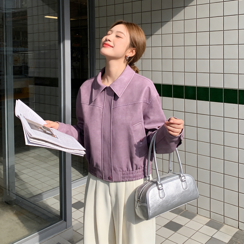 紫色免洗亮面设计感翻领pu皮皮衣外套女小个子短款洋气机车夹克潮