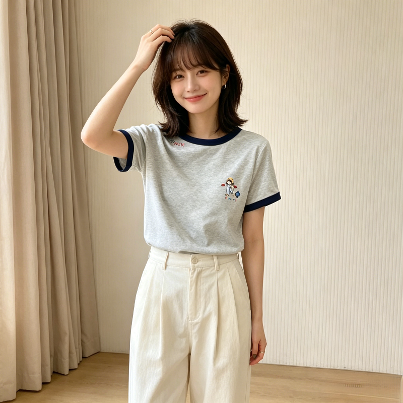 夏季正肩圆领拼接撞色减龄短袖T恤上衣女洋气百搭休闲学生气质潮