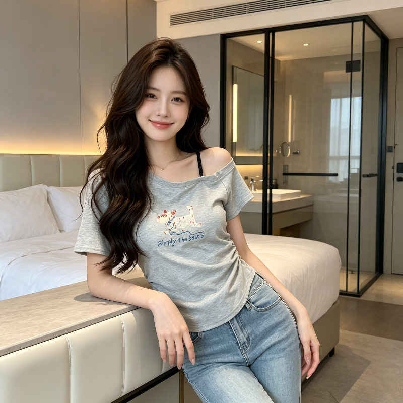纯欲风正肩吊带掐腰露肩短款小飞袖短袖T恤上衣女洋气修身百搭潮