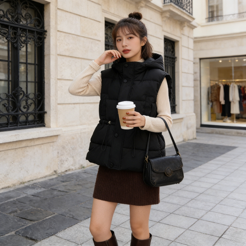 欧货慵懒风设计感连帽宽松大码小个子无袖坎肩棉服马夹外套女马甲