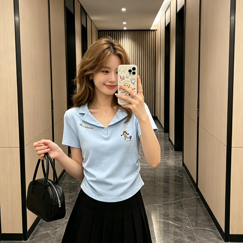 掐腰小众设计感Polo衫翻领短袖T恤女小个子修身显瘦百搭上衣正肩