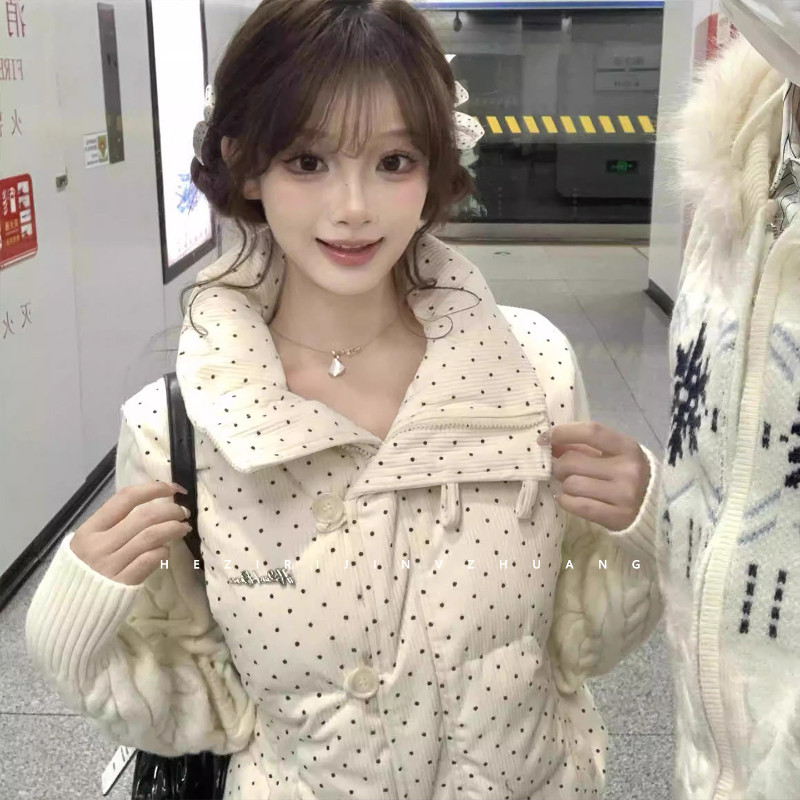 秋冬波点减龄设计感立领小个子修身显瘦洋气百搭棉服外套女面包服