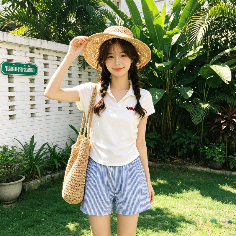 温柔风白色设计感正肩掐腰修身显瘦短袖Polo衫T恤上衣女小飞袖潮