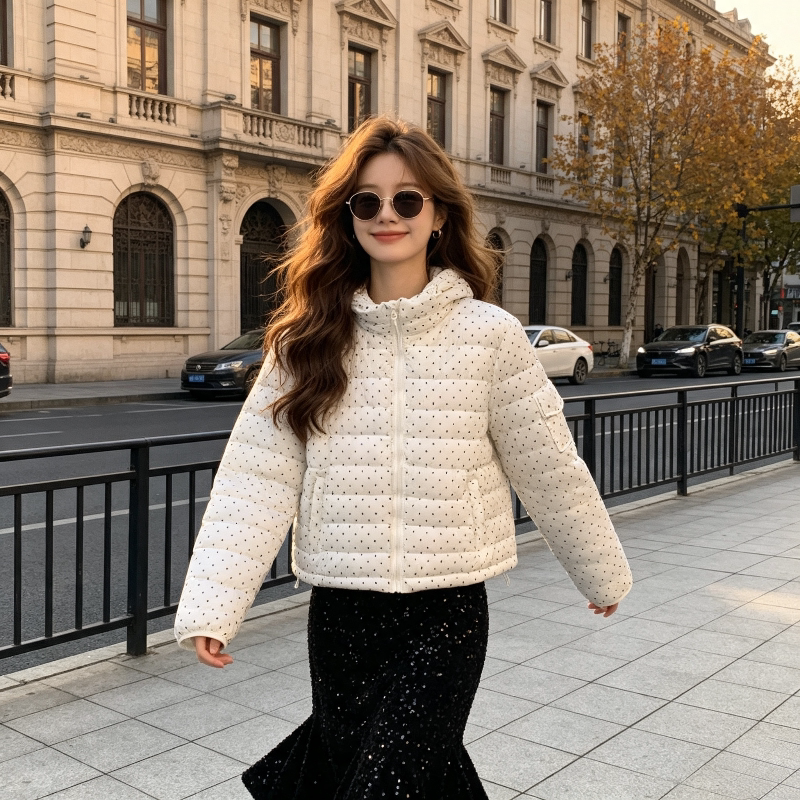 波点连帽休闲小个子洋气减龄排骨棉服外套女气质百搭棉袄保暖防寒