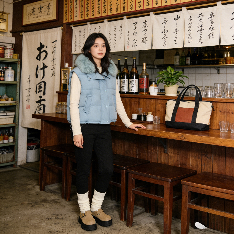 雾霾蓝洋气秋冬设计感大毛领加厚保暖防寒无袖坎肩棉服马夹外套女
