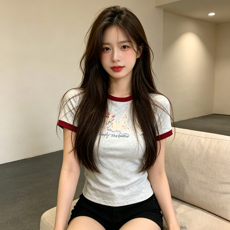 拼接撞色小个子短款修身显瘦圆领短袖T恤上衣女洋气百搭气质韩版
