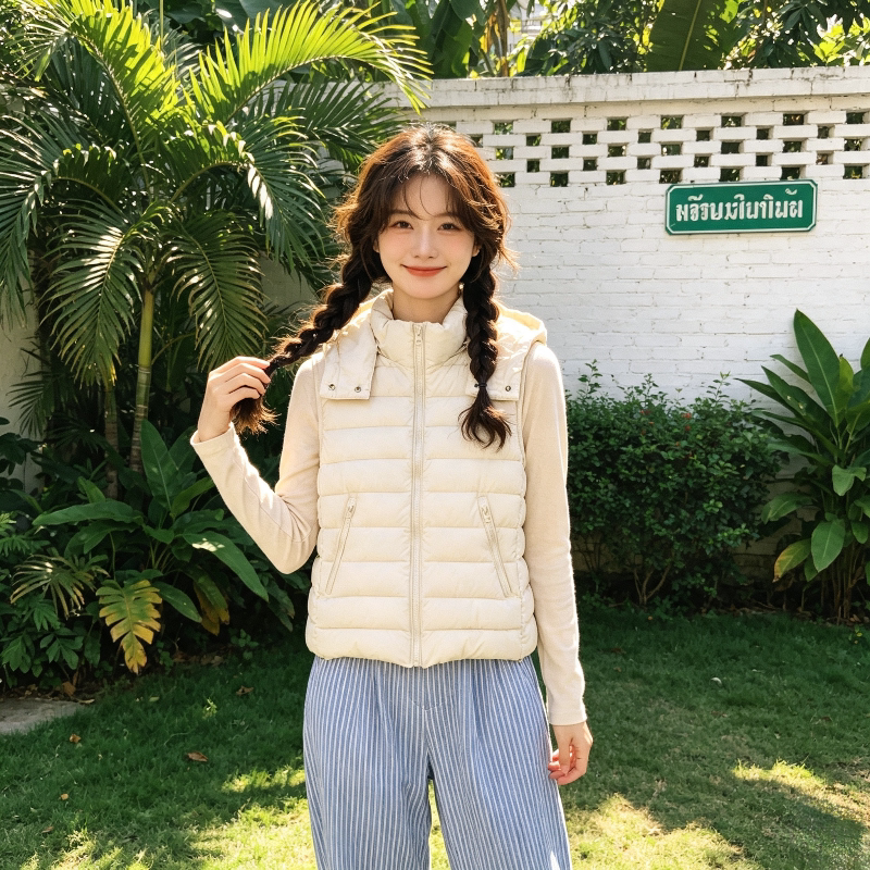 温柔风小个子修身显瘦无袖坎肩连帽轻薄保暖排骨服棉衣马夹外套女
