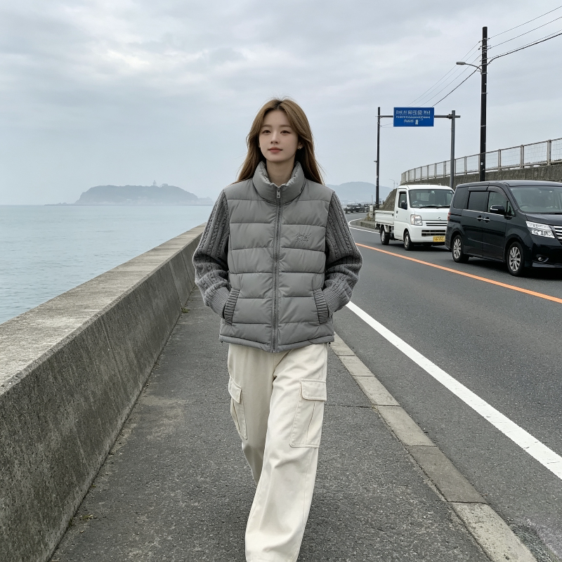 秋冬设计感针织麻花休闲宽松小个子立领轻薄款保暖排骨棉服外套女