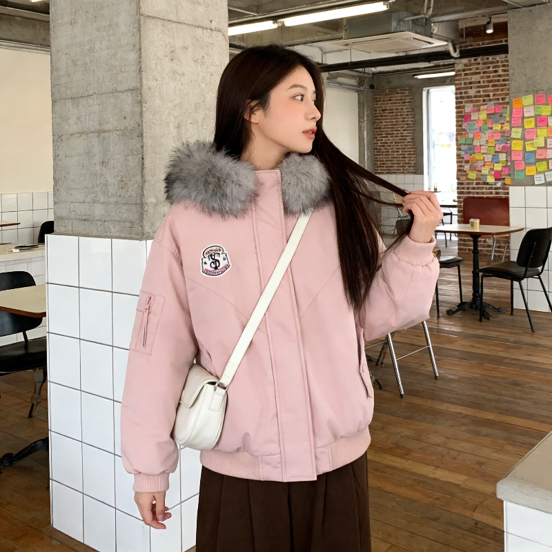 粉色多巴胺巨好看工装派克服棉服女冬季新款宽松百搭加厚保暖外套