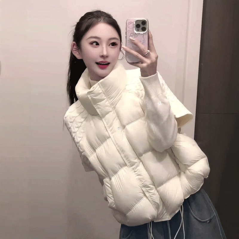 欧货温柔风轻奢设计感立领宽松休闲小个子短袖针织拼接棉服马夹女