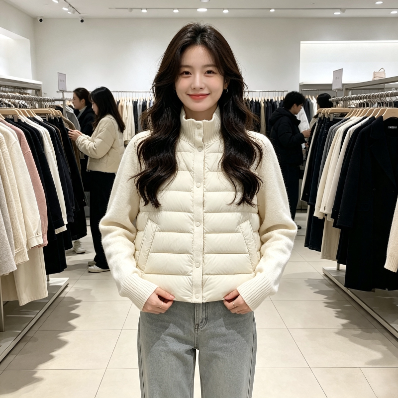 白色温柔风轻薄款立领针织拼接排骨服外套女休闲小个子棉服洋气潮