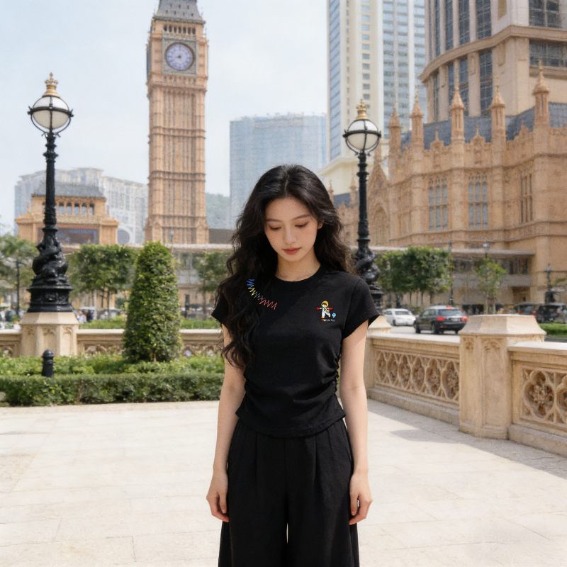 夏季正肩短款T恤女小个子修身显瘦设计感抽褶洋气短款小众上衣潮