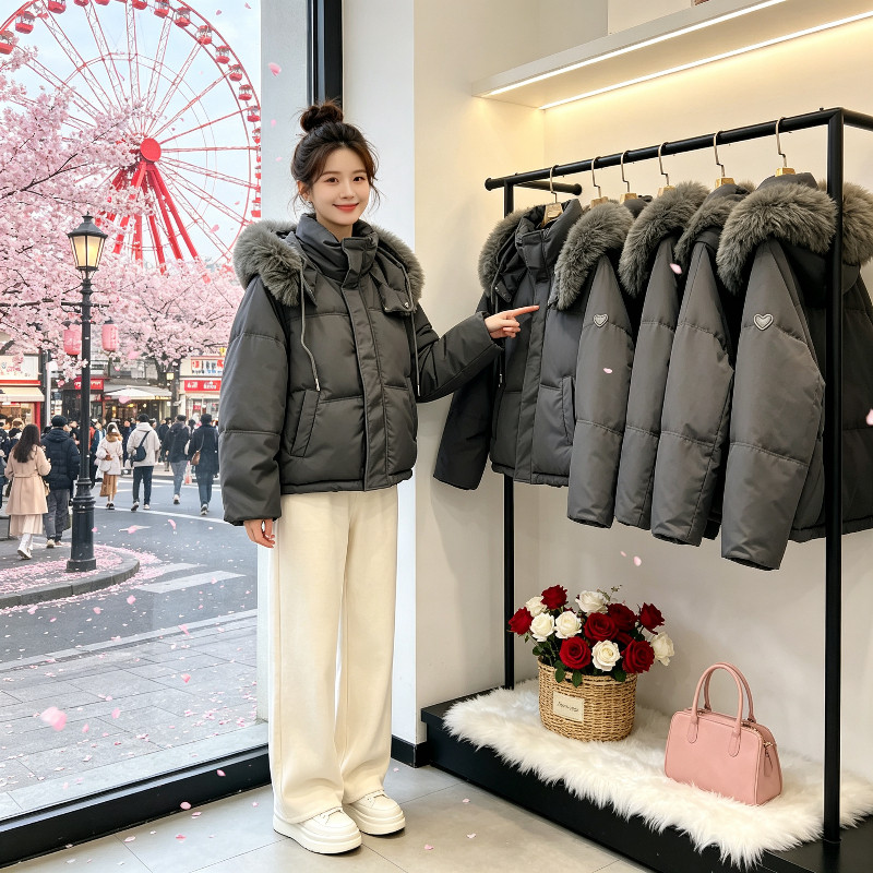 冬季大毛领轻奢气质加厚保暖防寒连帽宽松大码棉服外套女面包服潮