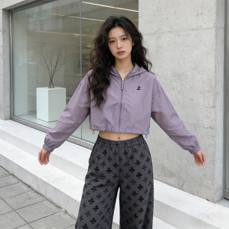 香芋紫短款连帽慵懒风宽松大码小个子防晒外套女休闲百搭空调罩衫