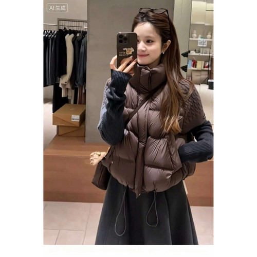 欧货秋冬设计感立领短袖百搭宽松休闲小个子棉服马夹外套女气质潮