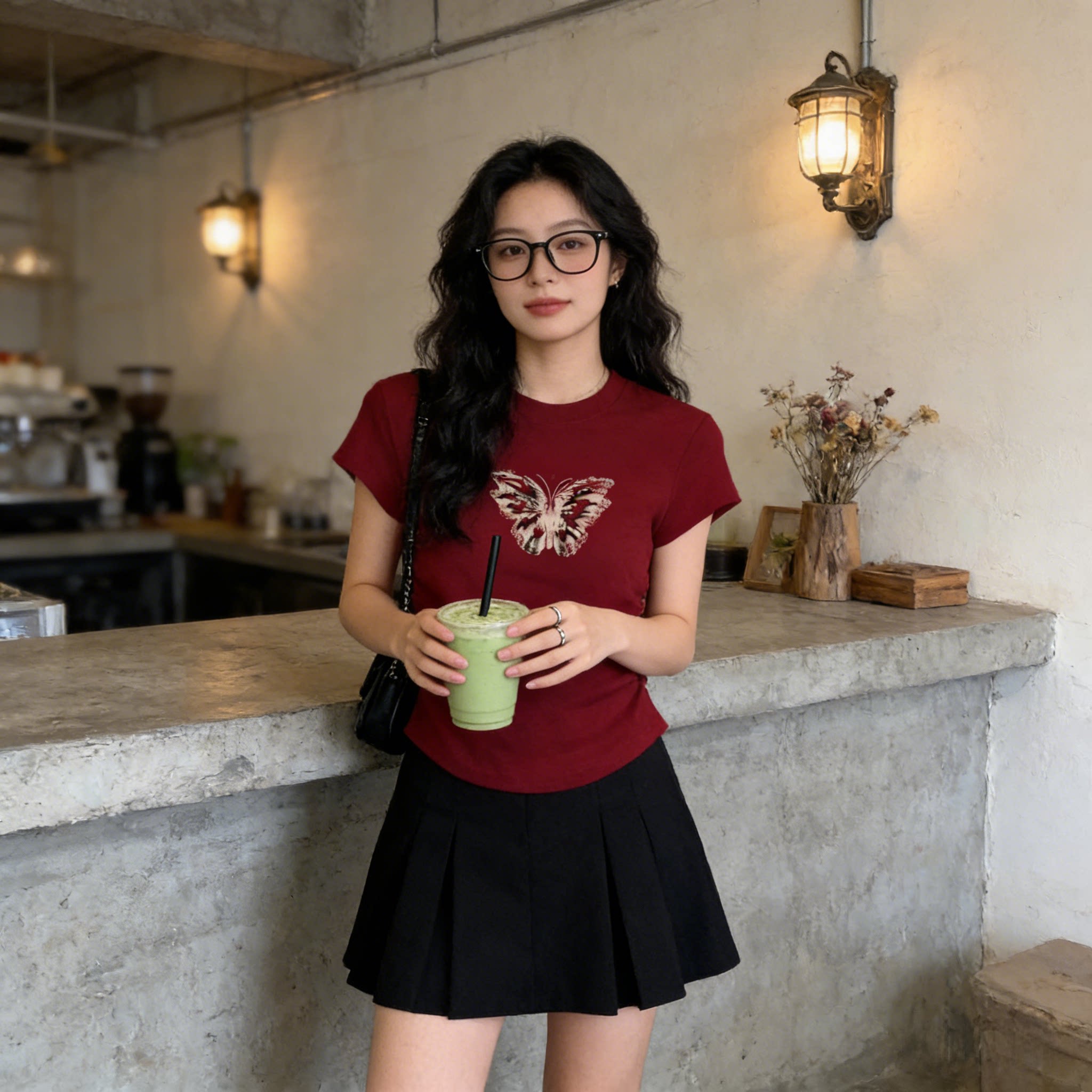 红色蝴蝶印花短袖T恤女夏季新款设计感小众掐腰修身显瘦短款上衣