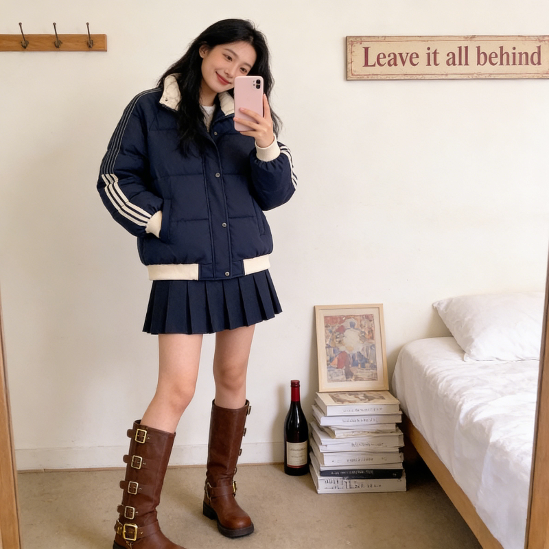 三条杠立领拼接撞色加厚保暖防寒宽松大码小个子棉服外套女面包服