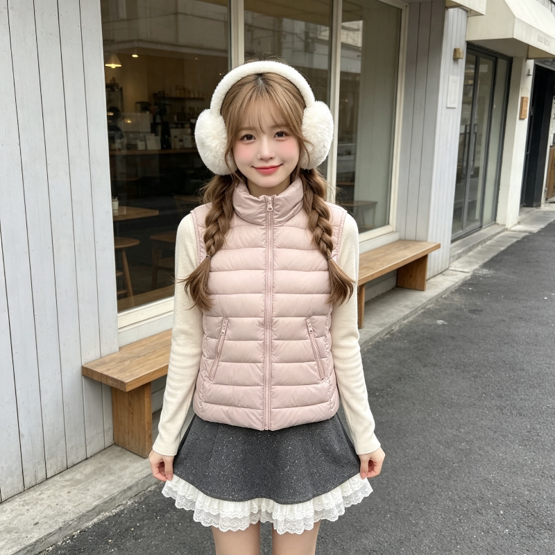 粉色减龄设计感立领修身显瘦小个子轻薄款秋冬无袖排骨棉服马夹女