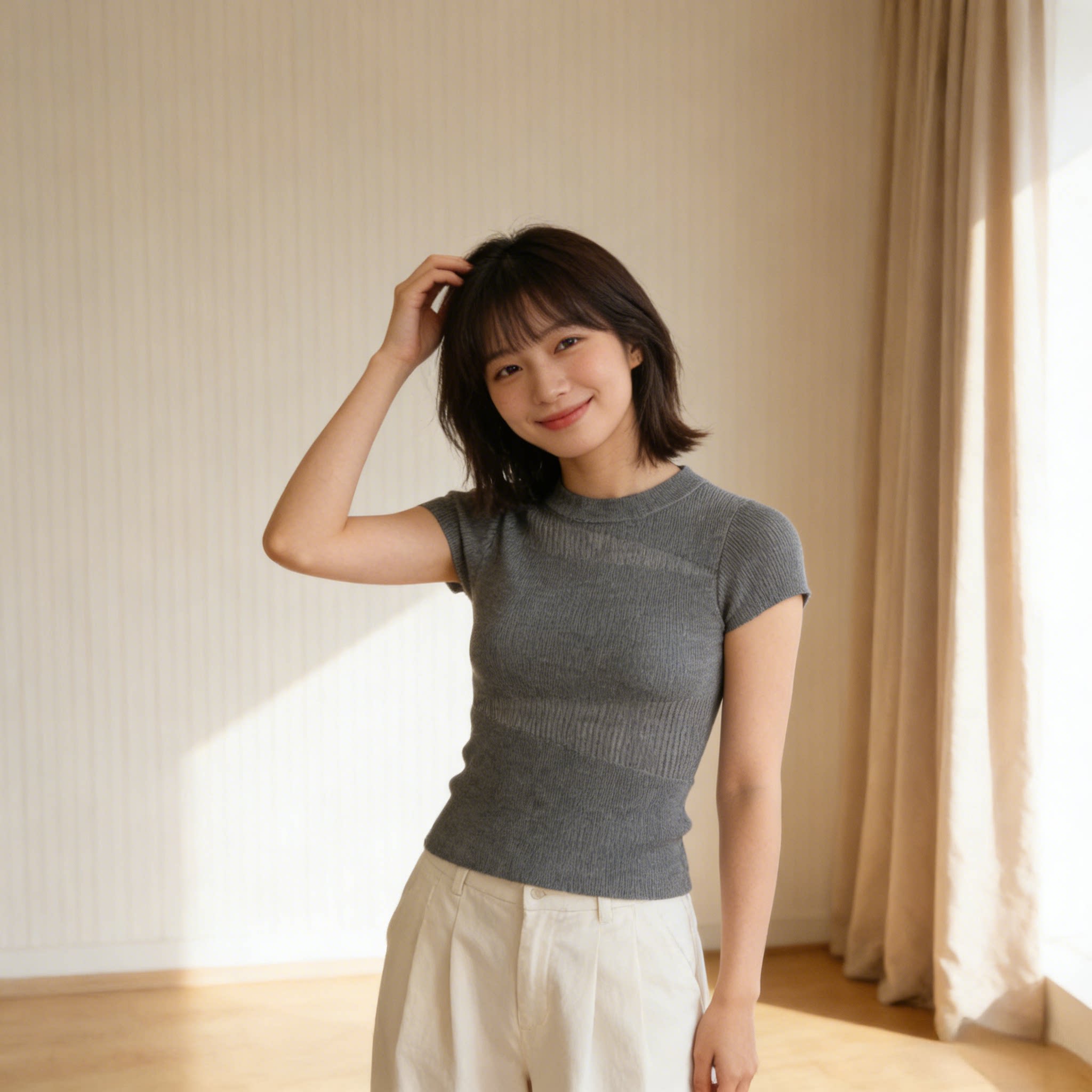 灰色针织短袖t恤女夏季2026新款短款修身紧身正肩冰丝半高领上衣