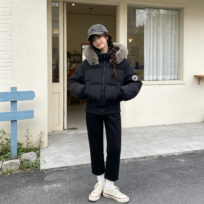 欧货大毛领加厚保暖防寒短款连帽小个子宽松收腰棉服外套女面包服