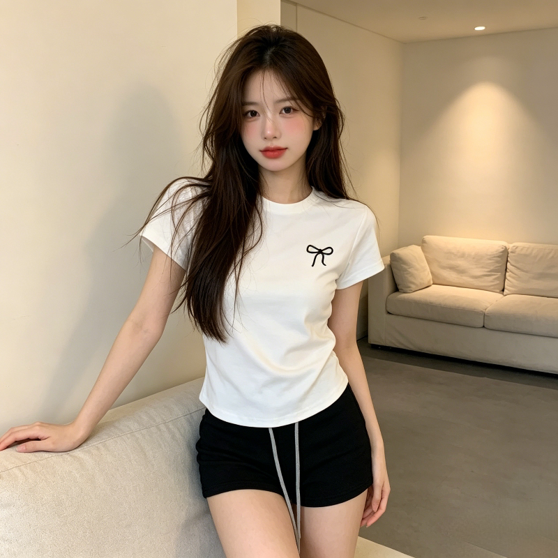 温柔风白色蝴蝶结印花短款夏季圆领正肩短袖T恤上衣女小个子百搭
