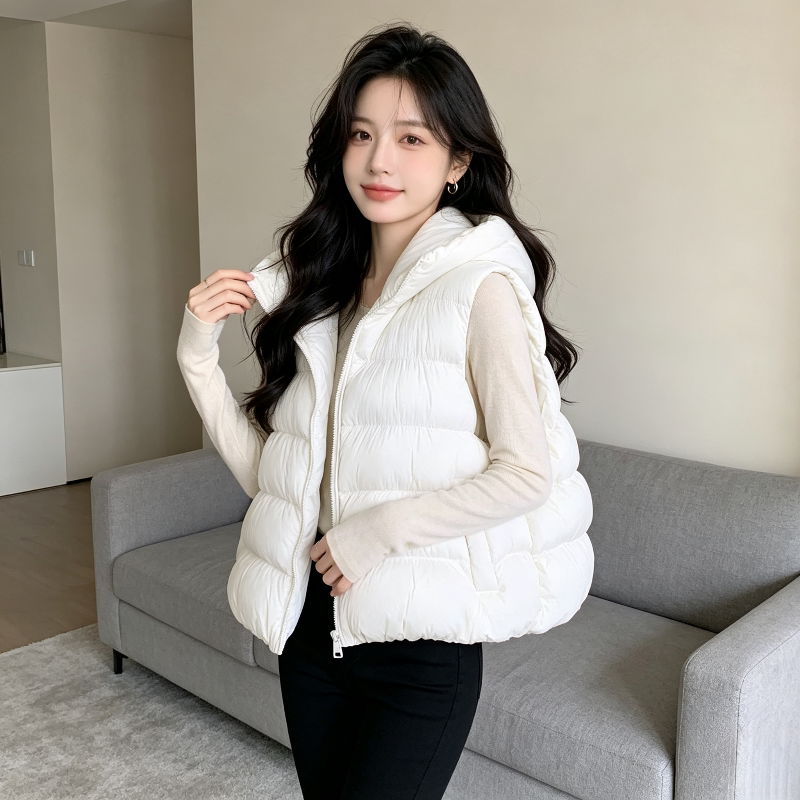 温柔风白色连帽设计感宽松大码小个子加厚保暖防寒无袖棉服马夹女