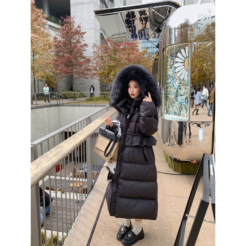 大毛领欧货中长款过膝连帽收腰显瘦小个子加厚保暖棉服外套女洋气