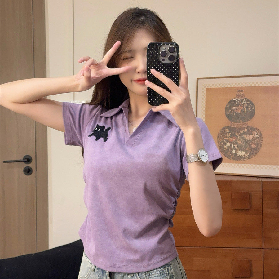 夏季香芋紫正肩Polo衫短款修身显瘦小个子短袖T恤上衣女减龄百搭