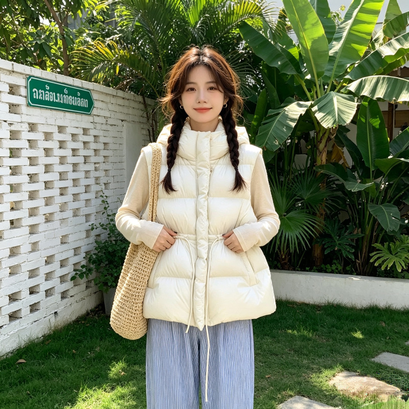 温柔风减龄连帽宽松大码小个子无袖坎肩棉服马夹外套女百搭休闲潮