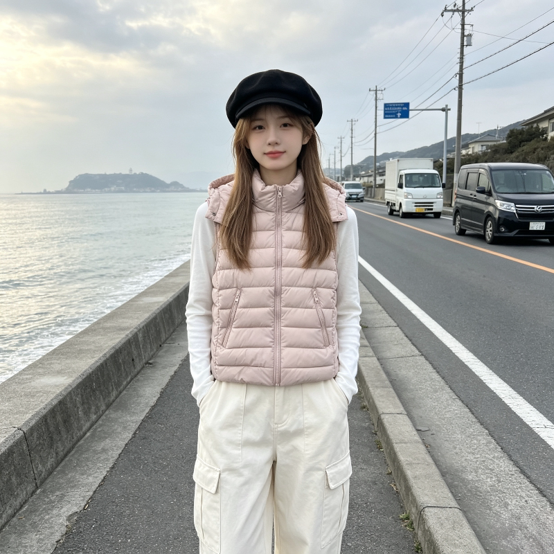 粉色温柔风修身显瘦连帽小个子无袖坎肩设计感排骨服棉衣马夹女潮