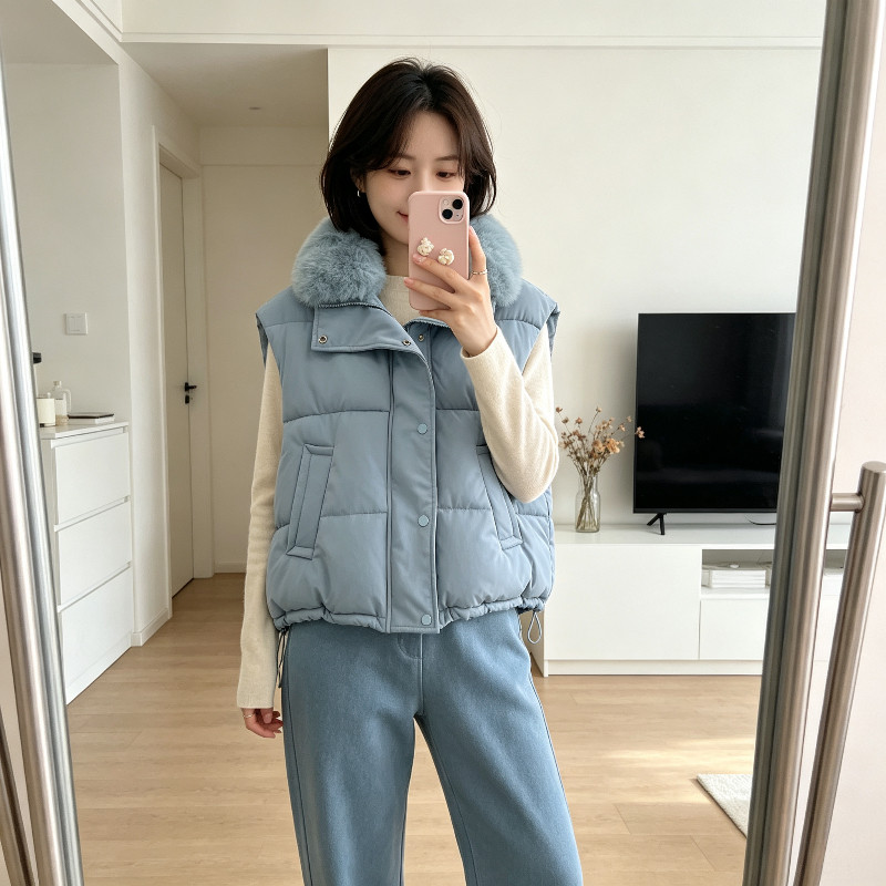 轻奢温柔风气质大毛领短款宽松小个子休闲百搭无袖棉服马夹外套女