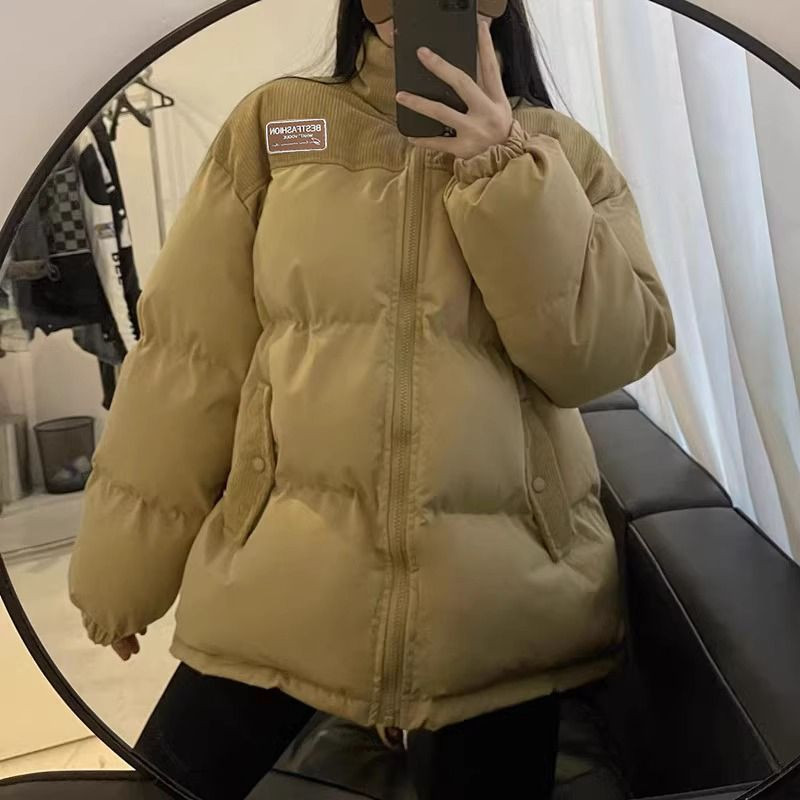冬季外套大码宽松韩版拼接棉衣立领棉服面包服拼色加厚灯芯绒棉袄