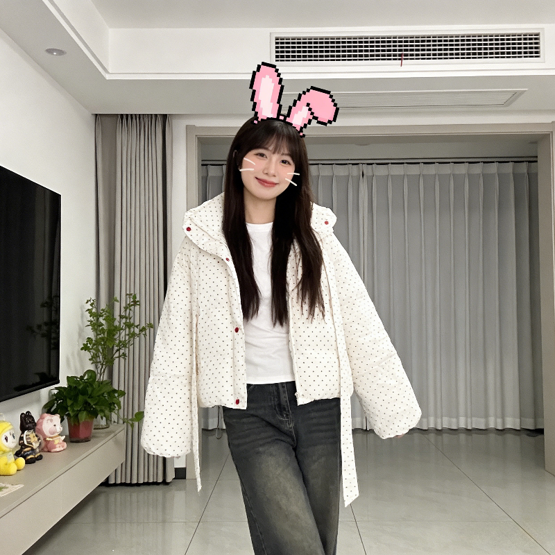 波点连帽设计感慵懒风宽松大码小个子加厚保暖防寒棉服外套女棉袄