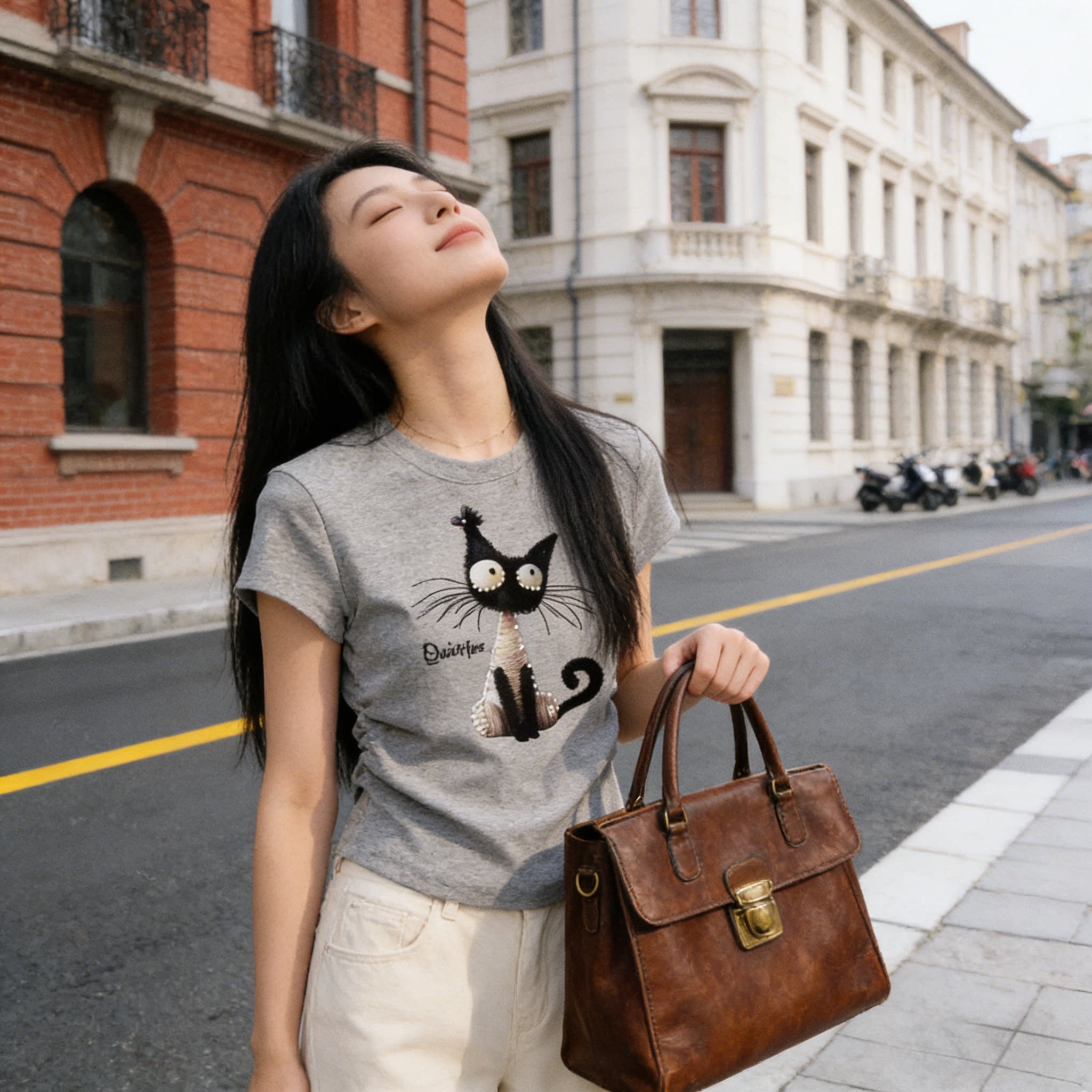 欧货高级灰正肩短袖T恤女夏季修身显瘦洋气气质小众短款上衣百搭