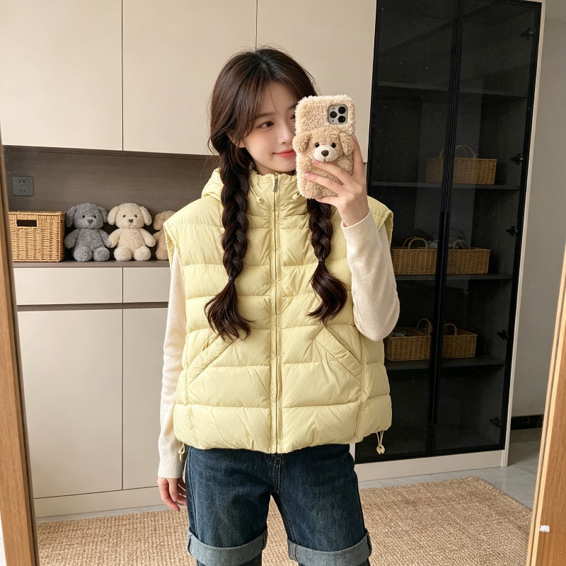 温柔风减龄连帽奶黄色设计感宽松大码休闲小个子棉服马夹外套女潮