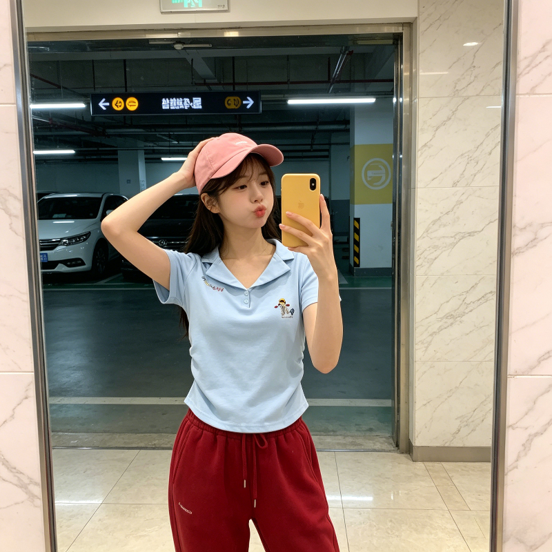 polo衫翻领短款短袖T恤女夏季修身显瘦掐腰小个子上衣百搭正肩潮