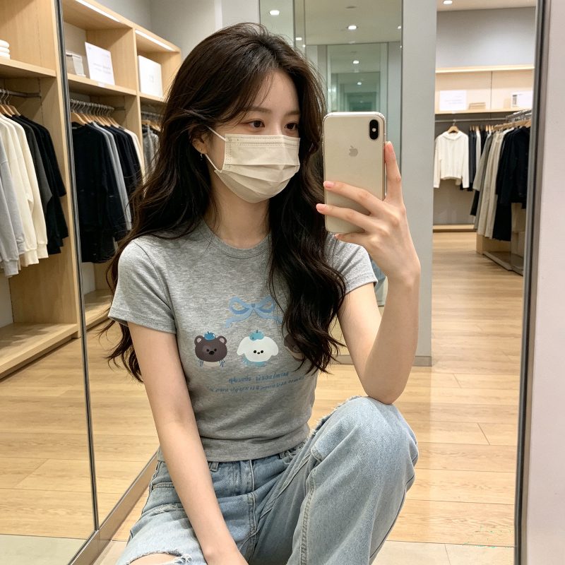 夏季减龄正肩小个子圆领修身显瘦短款小飞袖短袖T恤上衣女学生潮