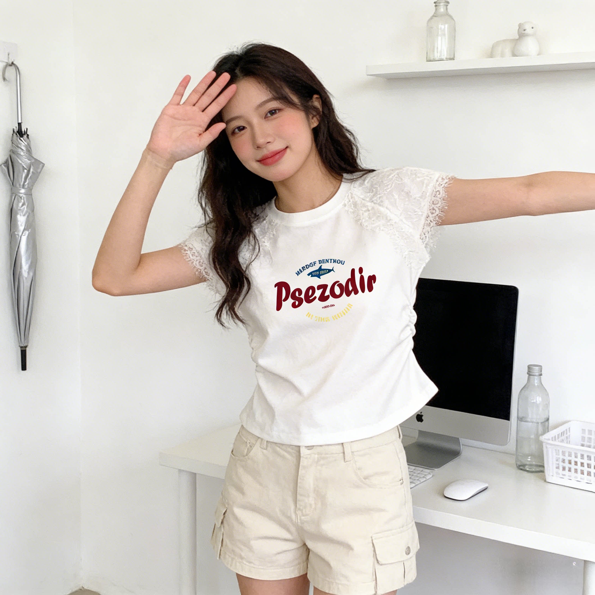 纯欲白色拼接蕾丝短袖t恤女夏季2026新款褶皱收腰修身短款小上衣