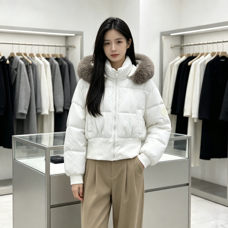 白色温柔风连帽大毛领加厚保暖防寒短款小个子宽松棉服外套女棉袄