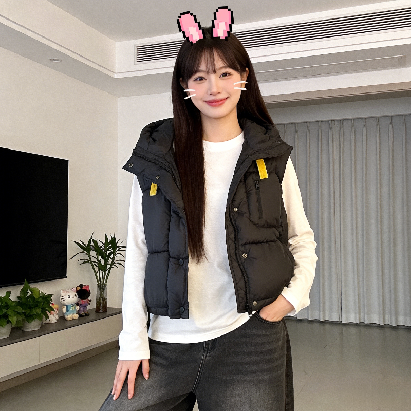 欧货连帽设计感宽松大码慵懒风小个子无袖坎肩棉服马夹外套女马甲