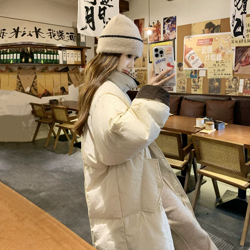 温柔风轻奢气质翻领灯芯绒拼接撞色休闲中长款过膝棉服外套女大衣