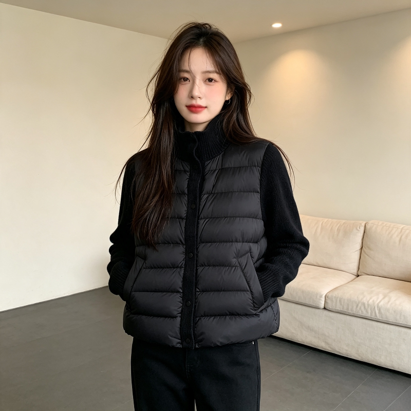 欧货设计感轻薄款宽松休闲百搭小个子针织拼接排骨服棉服外套女潮