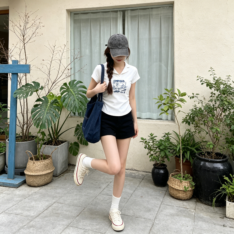 夏季正肩短款设计感修身显瘦小个子短袖Polo衫T恤上衣女洋气百搭